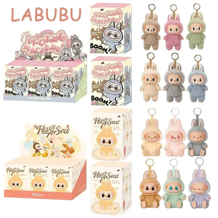 1:1 qualidade kawaii monstro labubu caixa cega série pvc labubu macaron pingente boneca monstro chaveiro aniversário presente do feriado